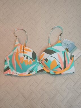 Sunseeker Tropical Print Underwire Bikini Top in Teal & Coral 34C